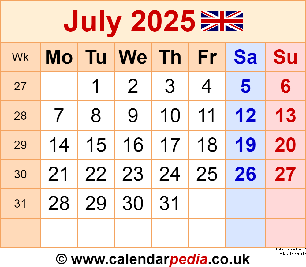 Calendar July 2025 UK With PDF Excel And Word Templates