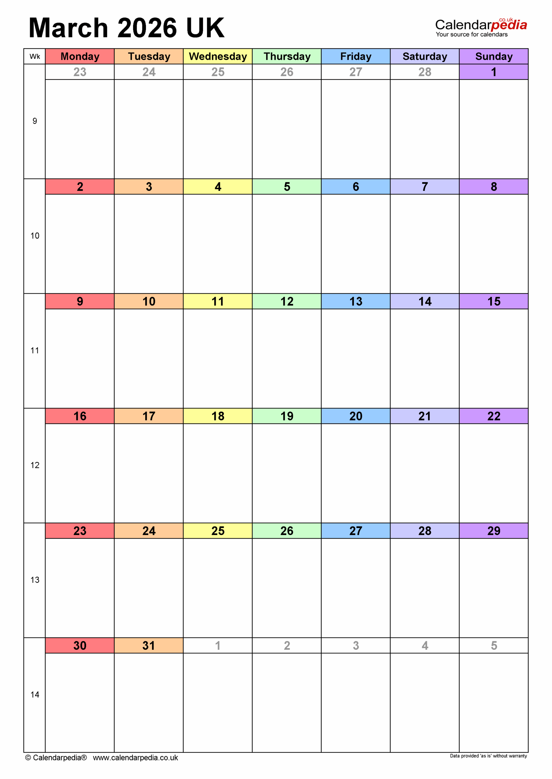 Calendar March 2026 UK With PDF Excel And Word Templates