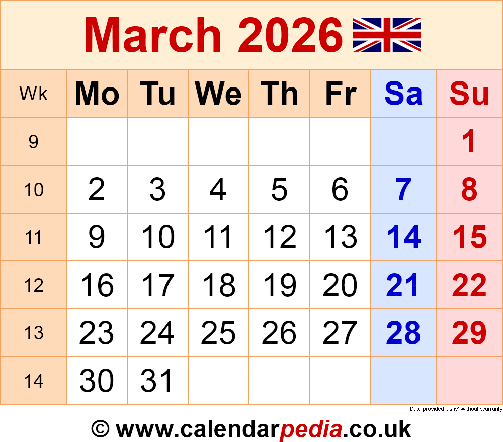 Word March 2026 Calendar