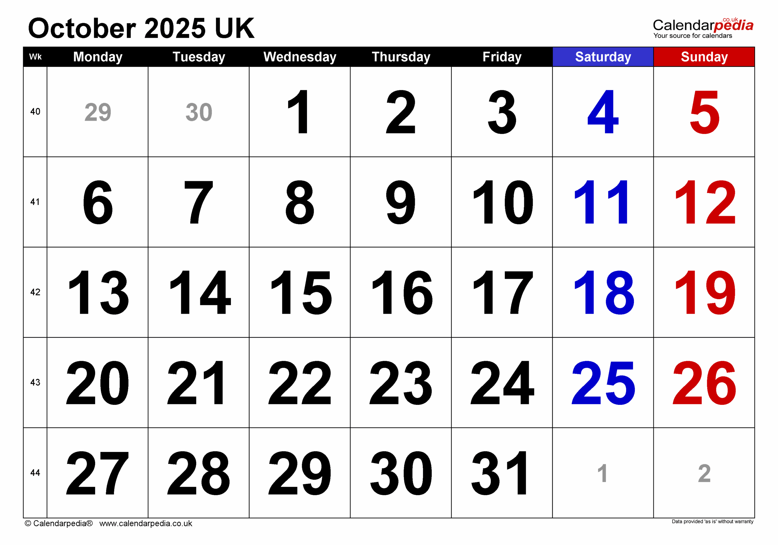 Calendar October 2025 UK With PDF Excel And Word Templates