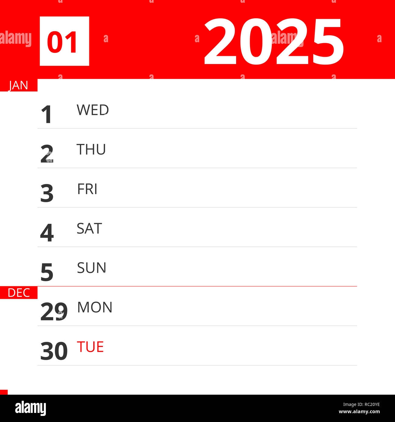 Calendar Planner For Week 01 In 2025 Ends December 31 2025 Stock 
