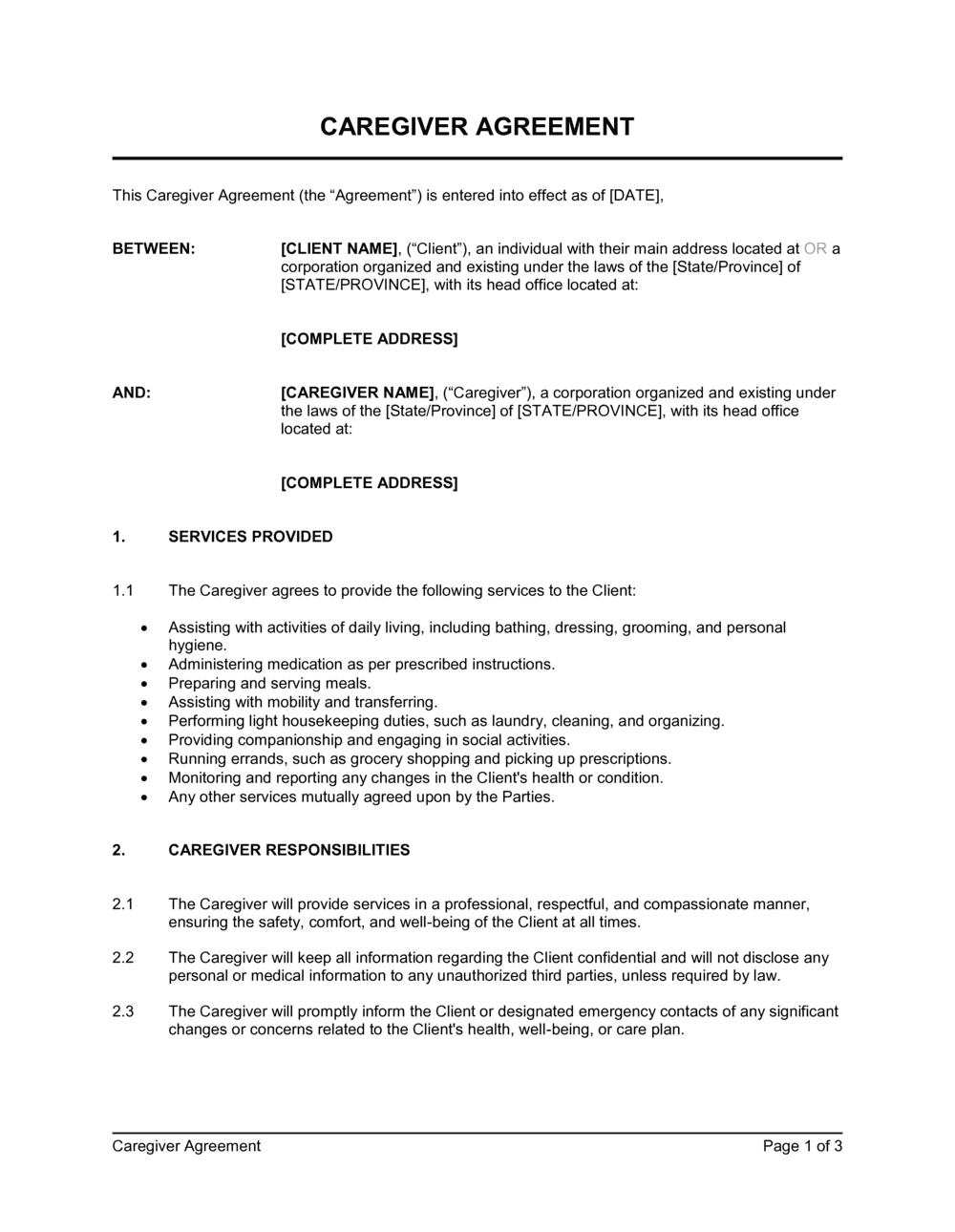 Caregiver Agreement Template Caregiver Agreement Template