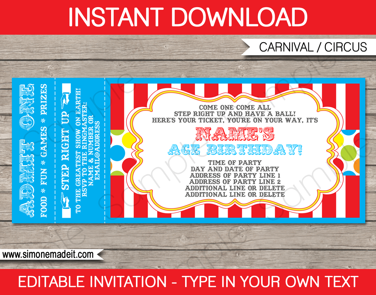 Carnival Ticket Invitation Template Printable Circus Birthday Party Invite Carnival Ticket Invitation Template Printable Circus Birthday Party Invite