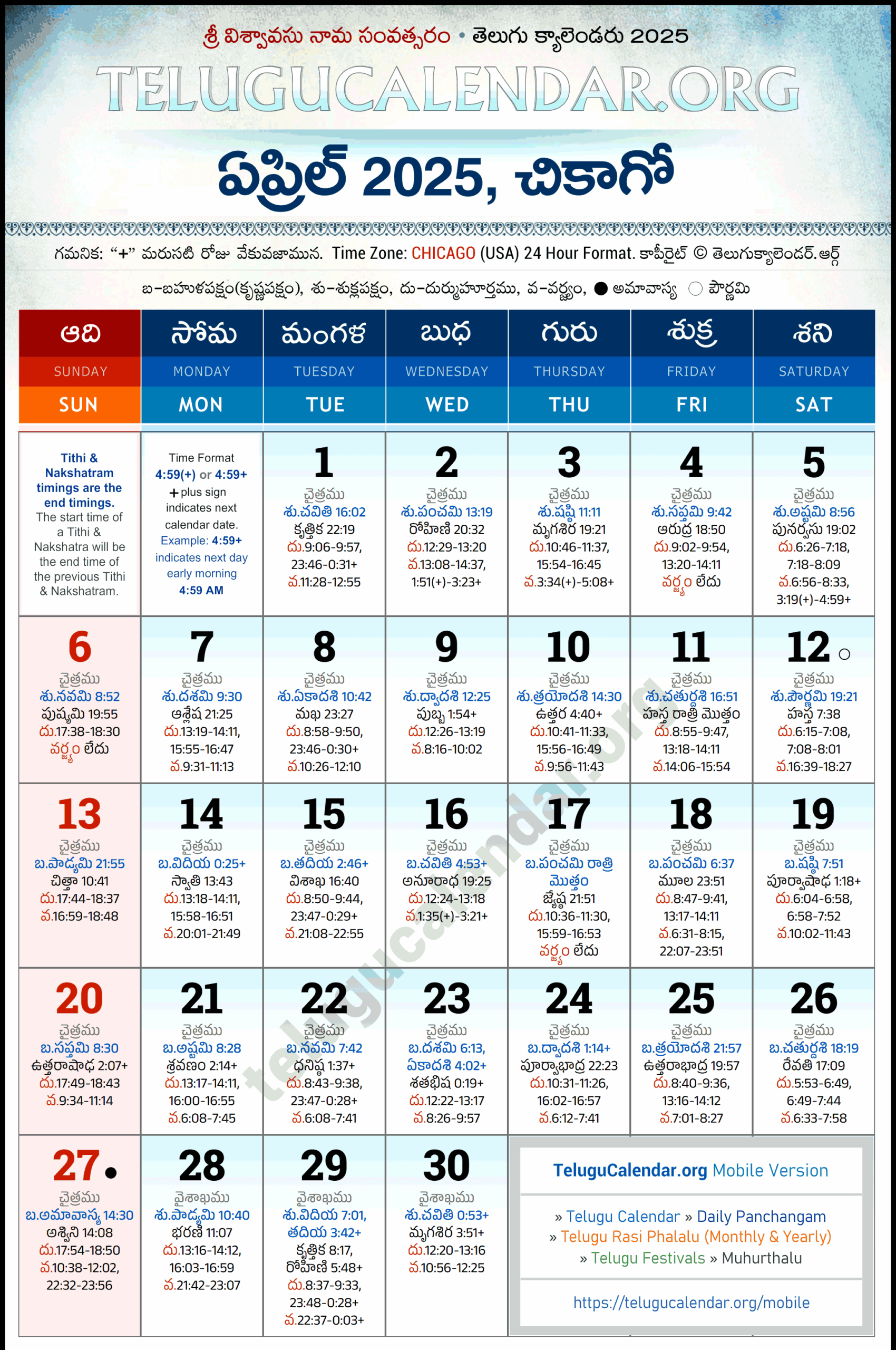 Chicago Telugu Calendar 2025 April PDF Festivals