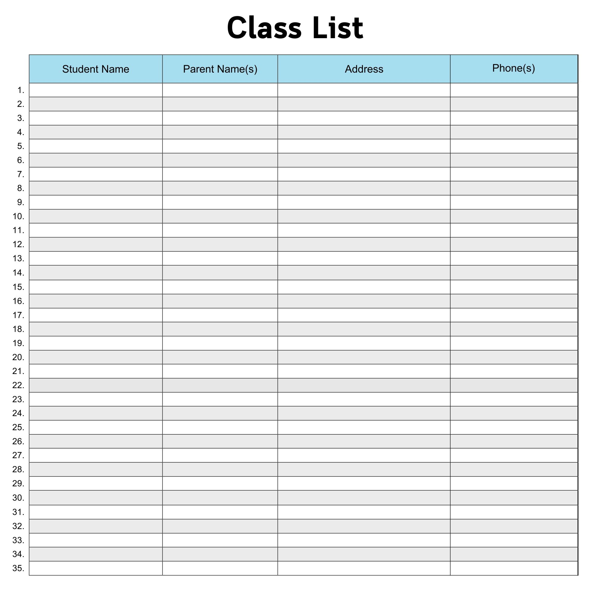 Class List Blank 10 Free PDF Printables Printablee
