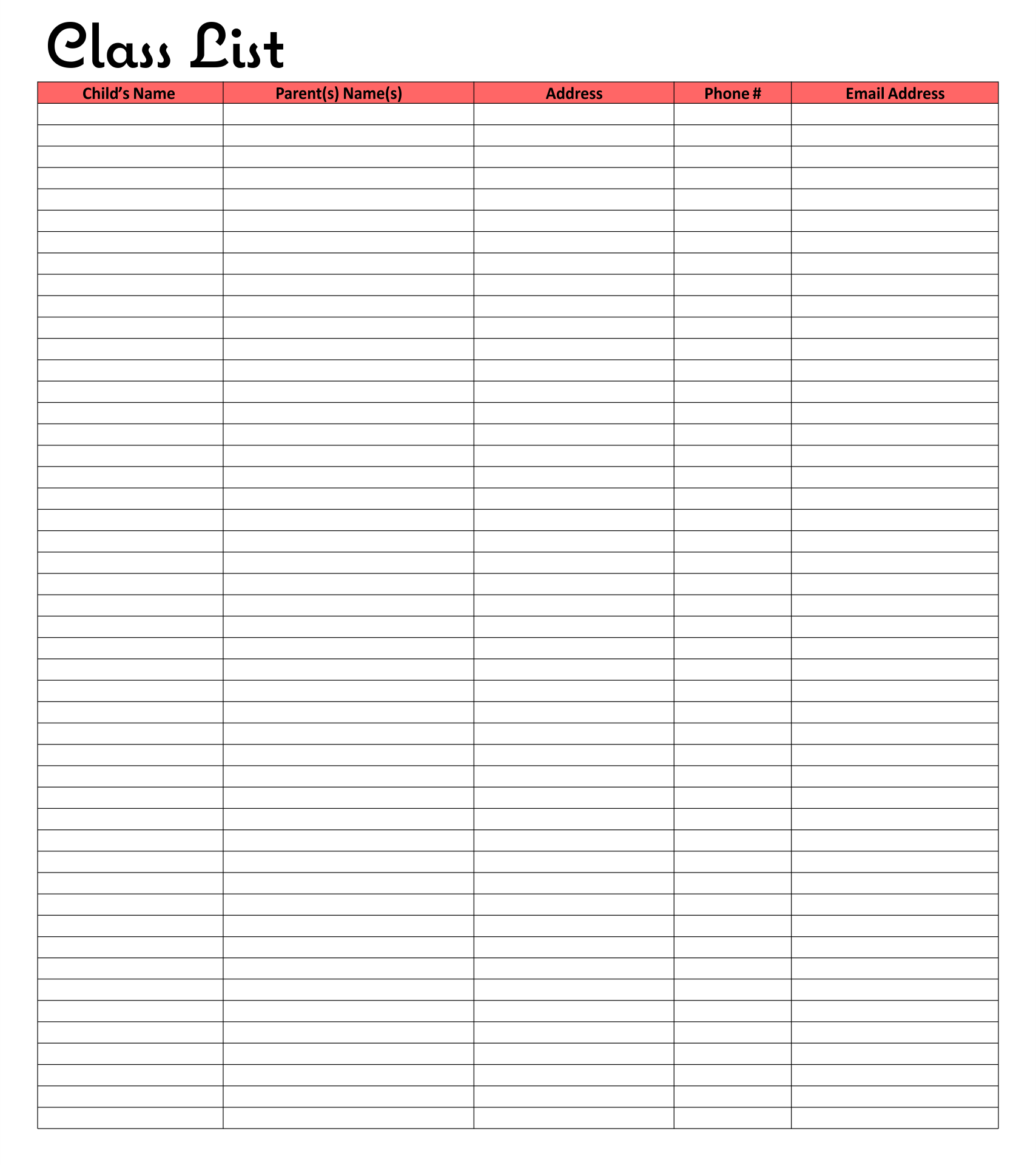 Printable Blank Class List Template Free Printable Blank Class List Template Free