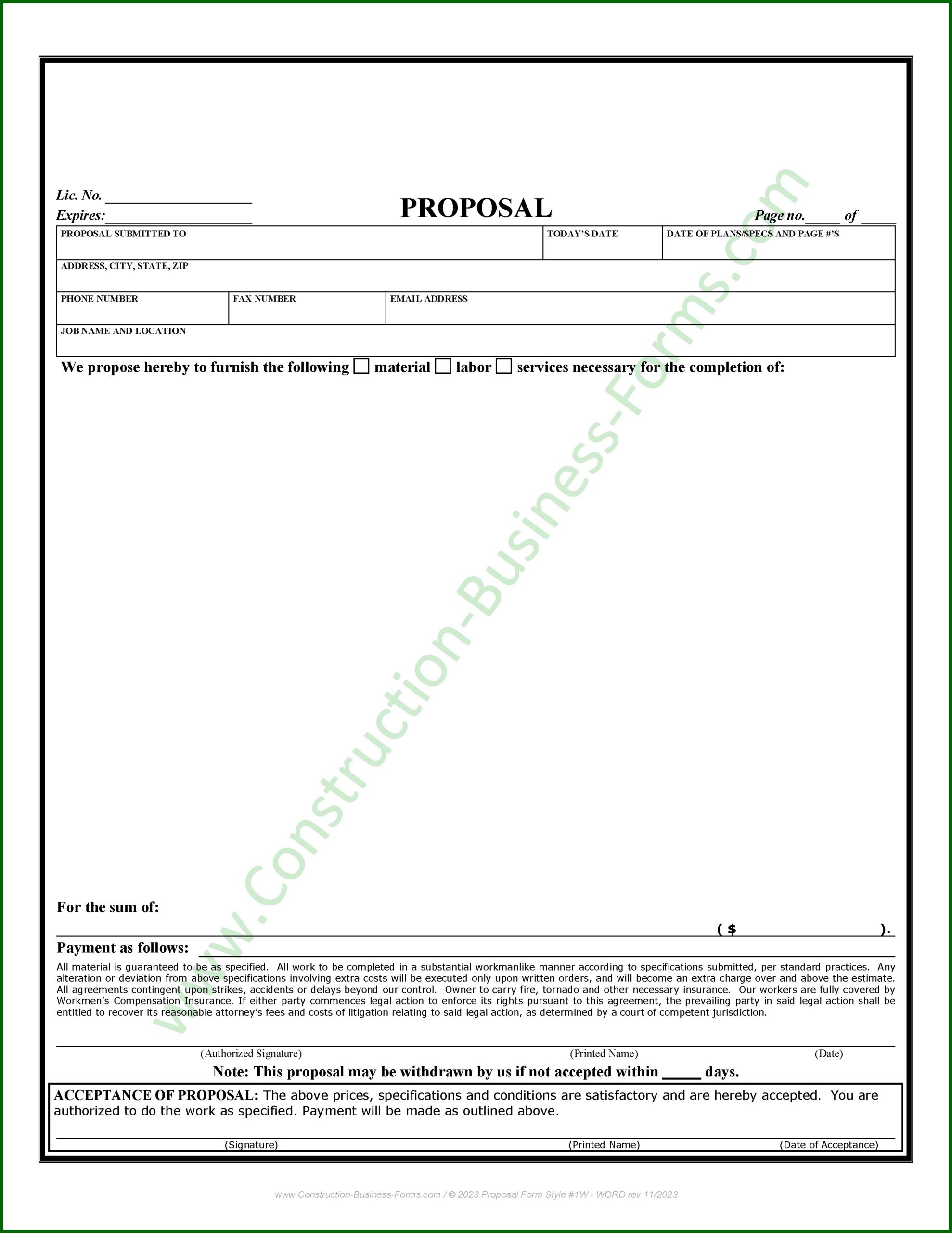 Free Printable Blank Contractor Bid Proposal