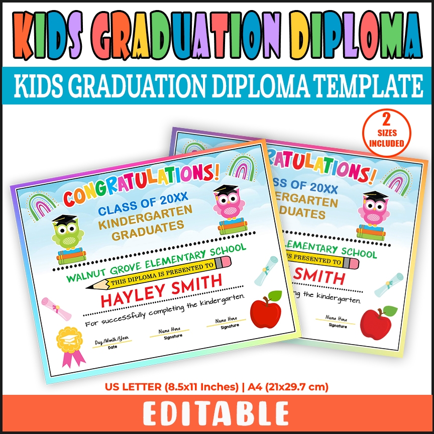 Customizable Kindergarten PreK And Any Grade Graduation Diploma Certificate Template
