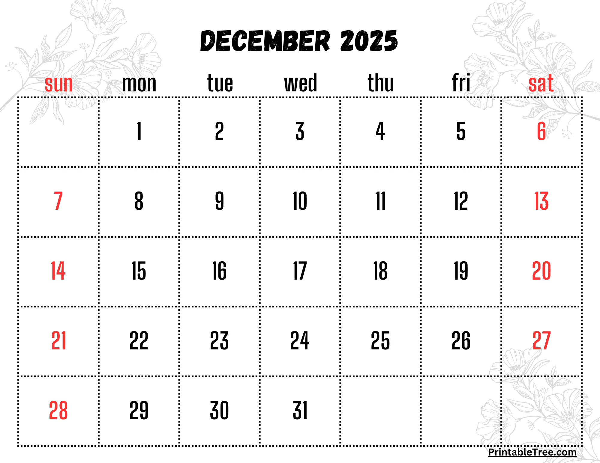 2025 Calendar Month Of December