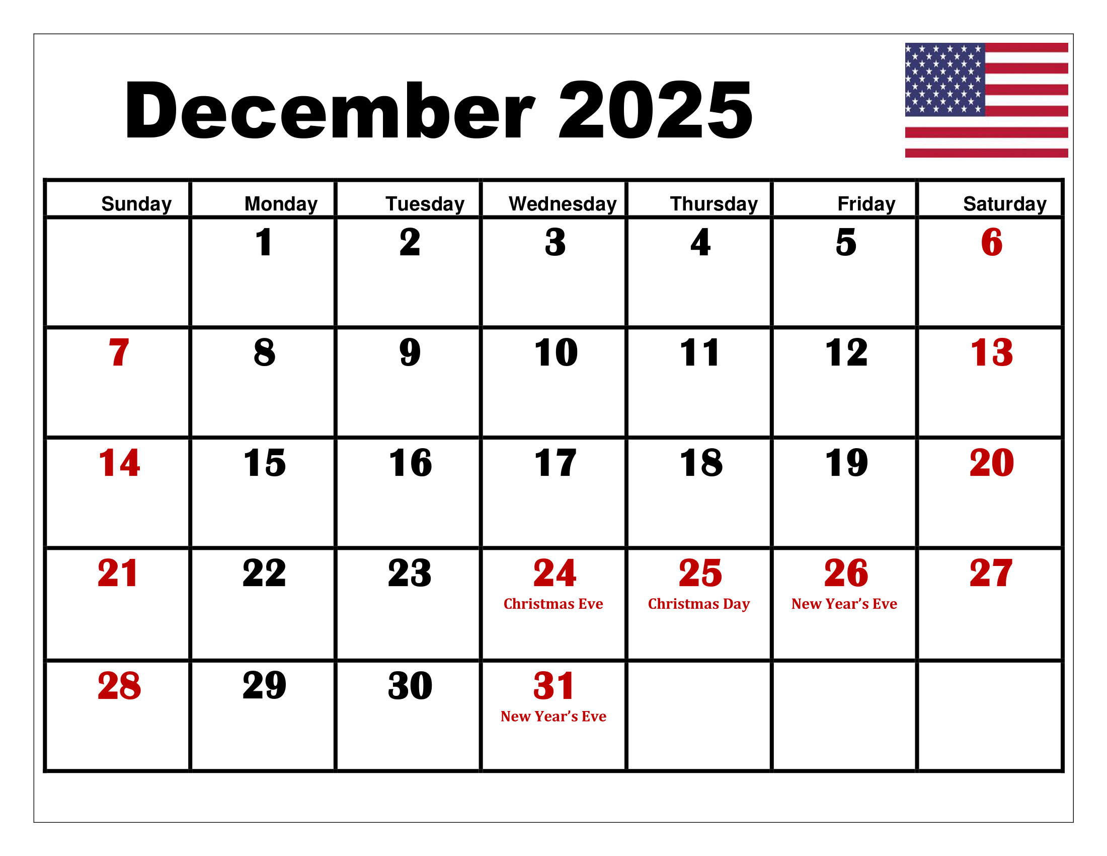 December 2025 Calendar Printable PDF Template With Holidays December 2025 Calendar Printable PDF Template With Holidays
