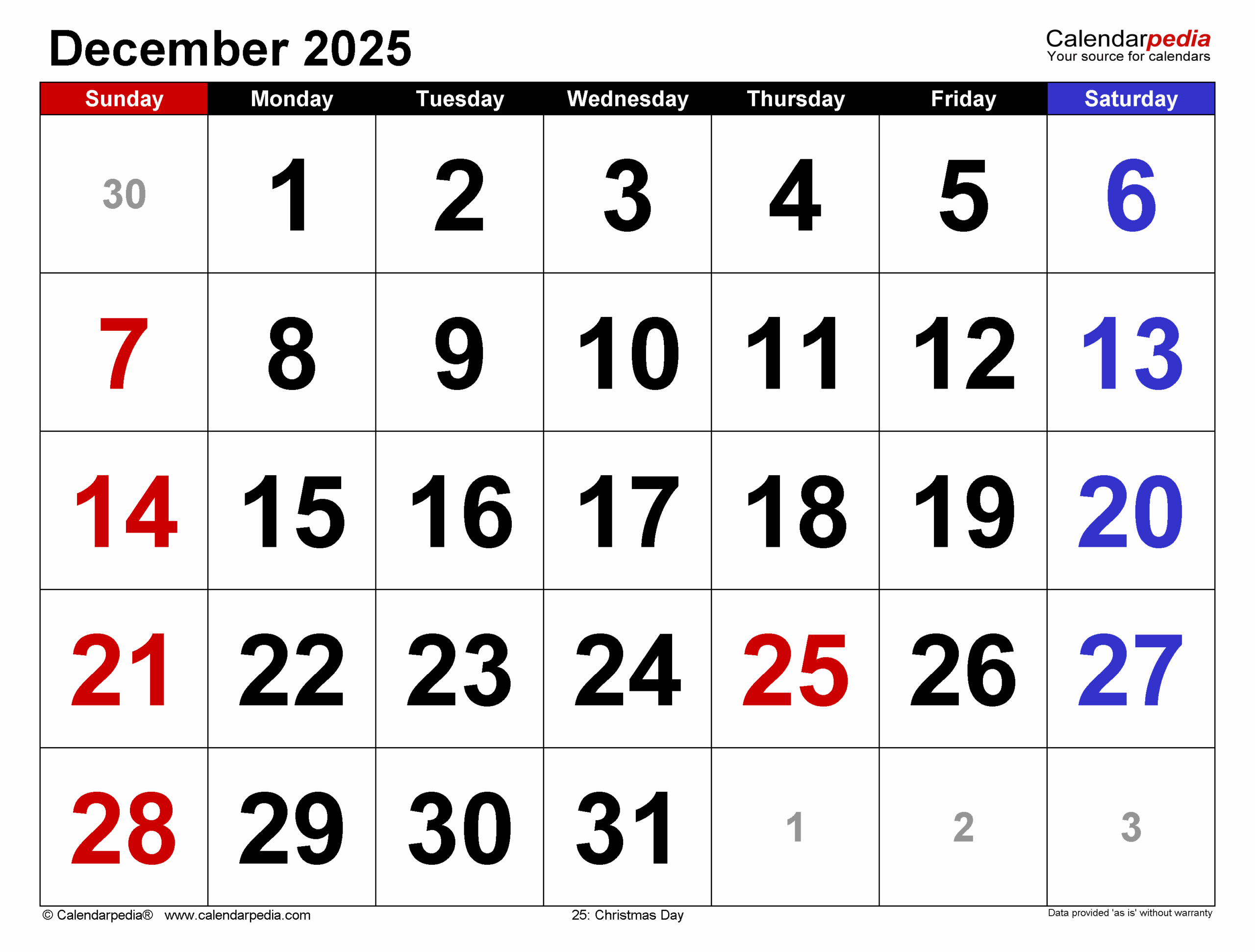 2025 December Calendar Word