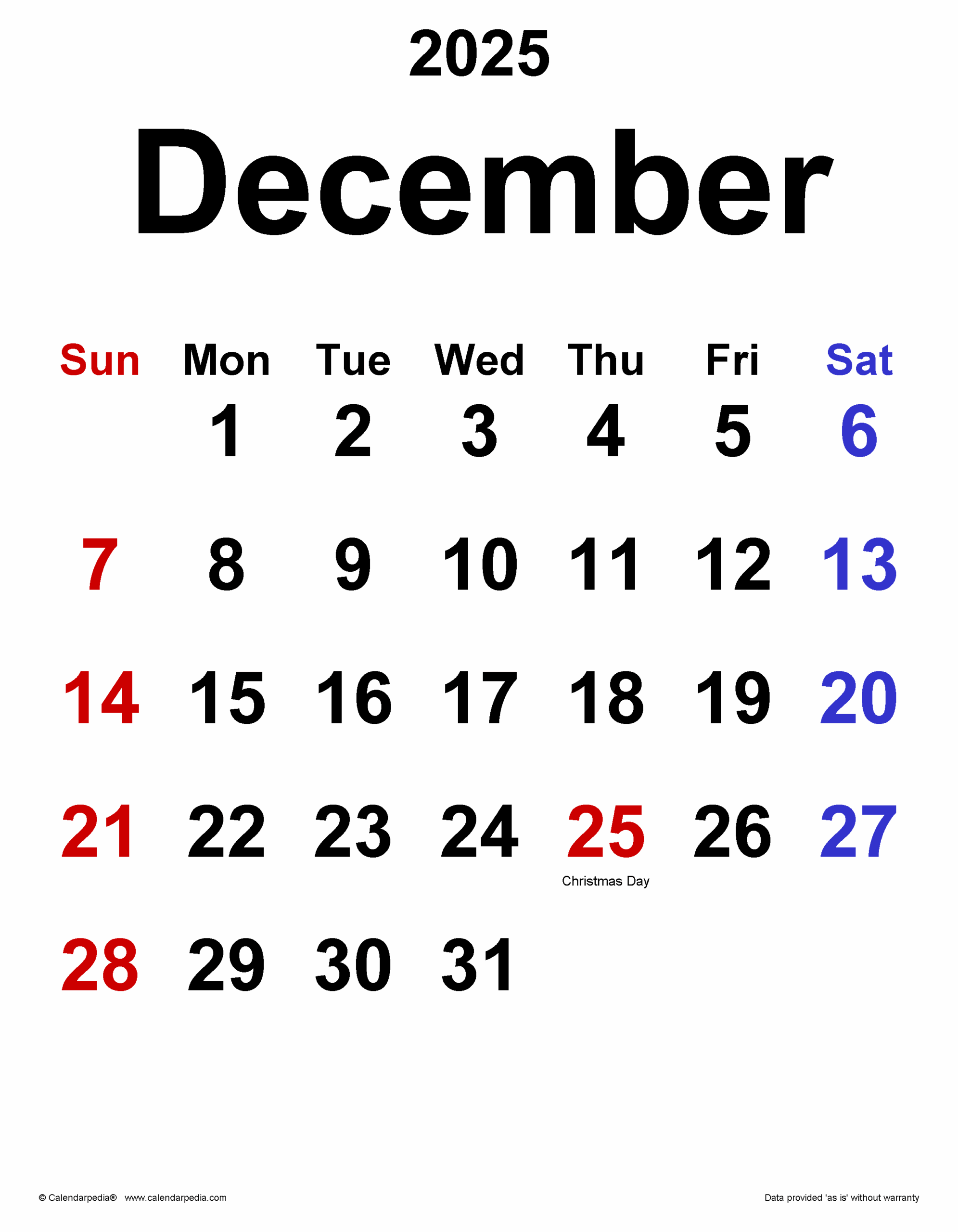 Calendar December 2025 Word Calendar December 2025 Word