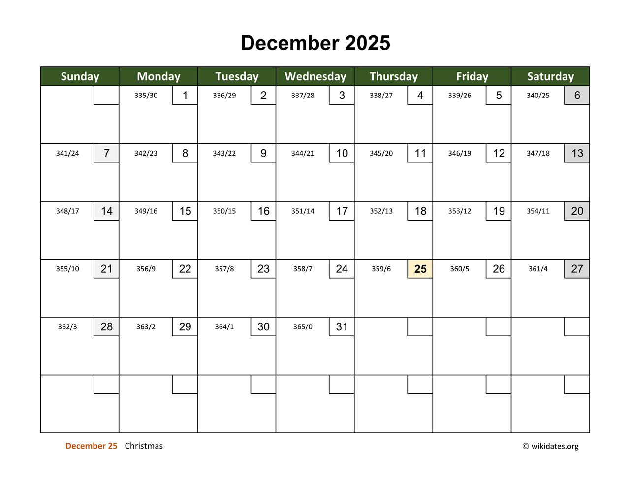 December 2025 Calendar With Day Numbers WikiDates