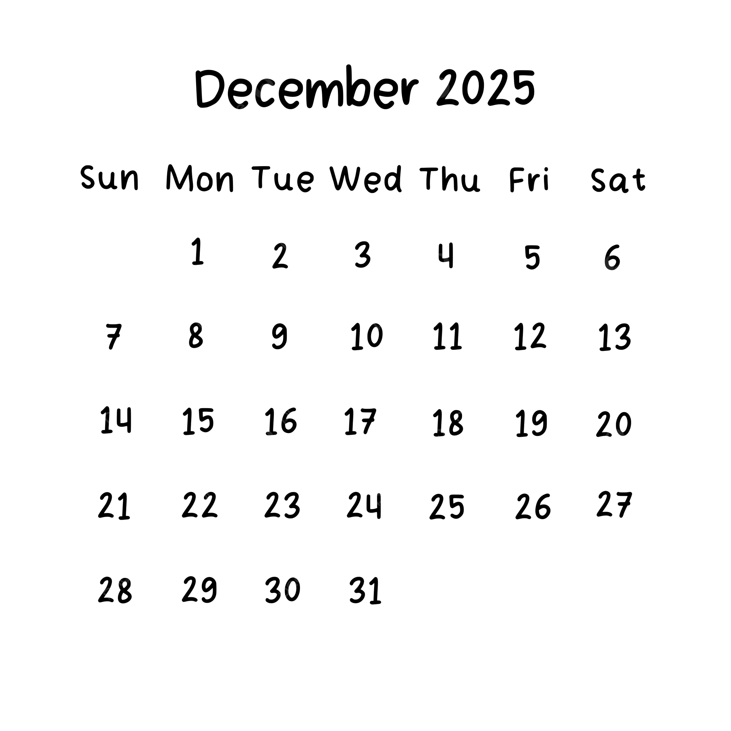 December 2025 Plain Calendar In Black Color December 2025 Calendar PNG Transparent Clipart Image And PSD File For Free Download