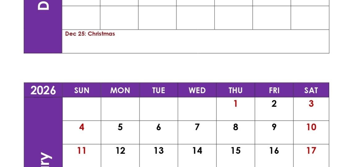 December And January 2026 Calendar Printable PDF Two Months Calendar