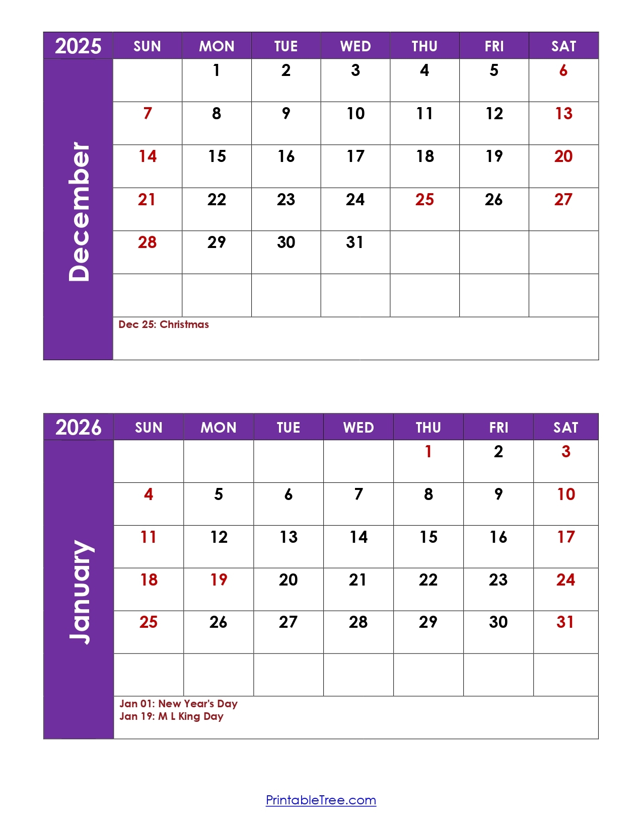 December And January 2026 Calendar Printable PDF Two Months Calendar