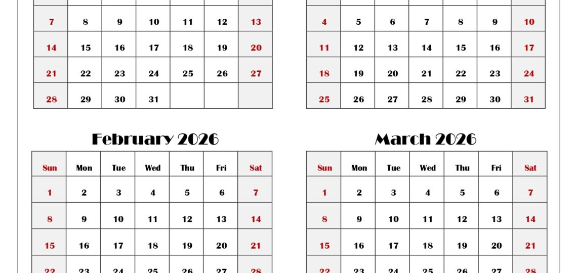 December To March 2026 Calendar Printable PDF Four Months Calendar
