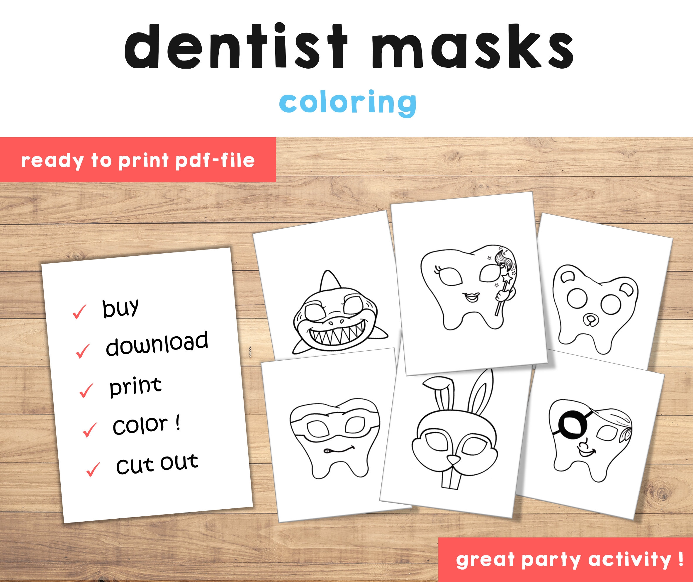 Dentist Mask Printable Kids Coloring Mask Tooth Mask Tooth Fairy Party Dentist Office Party Props Tooth Printable Instant Download Etsy Australia