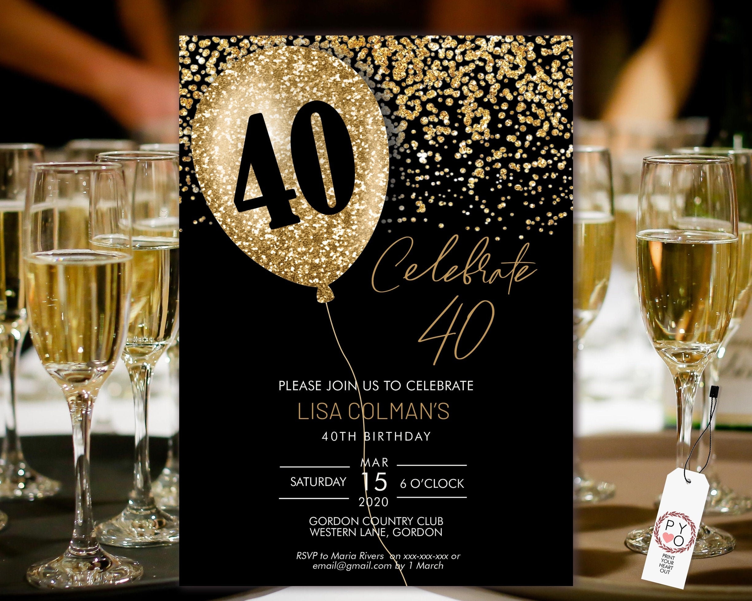 DIY 40th Birthday Balloon Invitation Printable Template Black Gold Glitter Editable Birthday Party Invitation For Women Printable Party