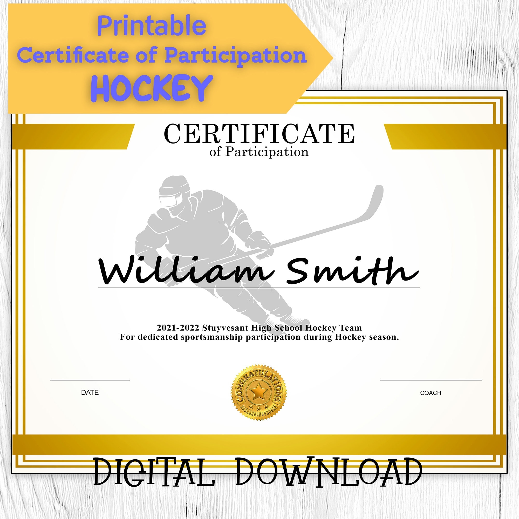DIY Editable And Printable Sports Certificate Template Hockey 