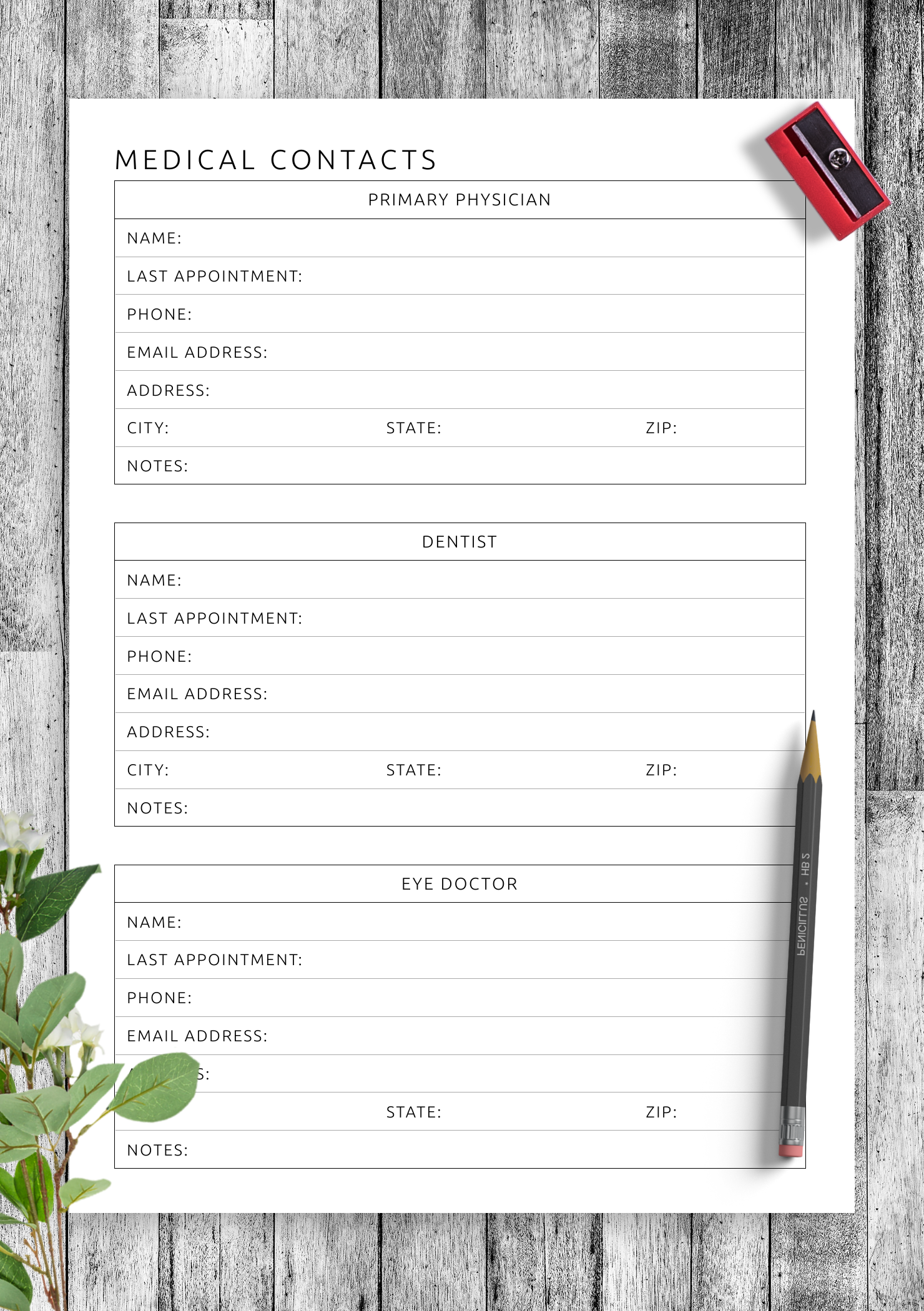 Download Printable Medical Contacts Template PDF