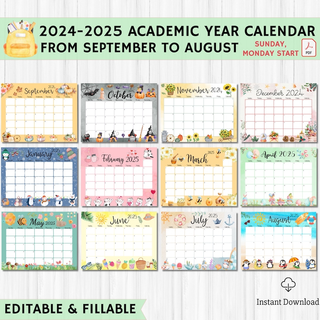 EDITABLE Academic Calendar 2024 2025 From September To August Printable Fillable Planner Monthly Kids Schedule Homeschool Calendar Etsy