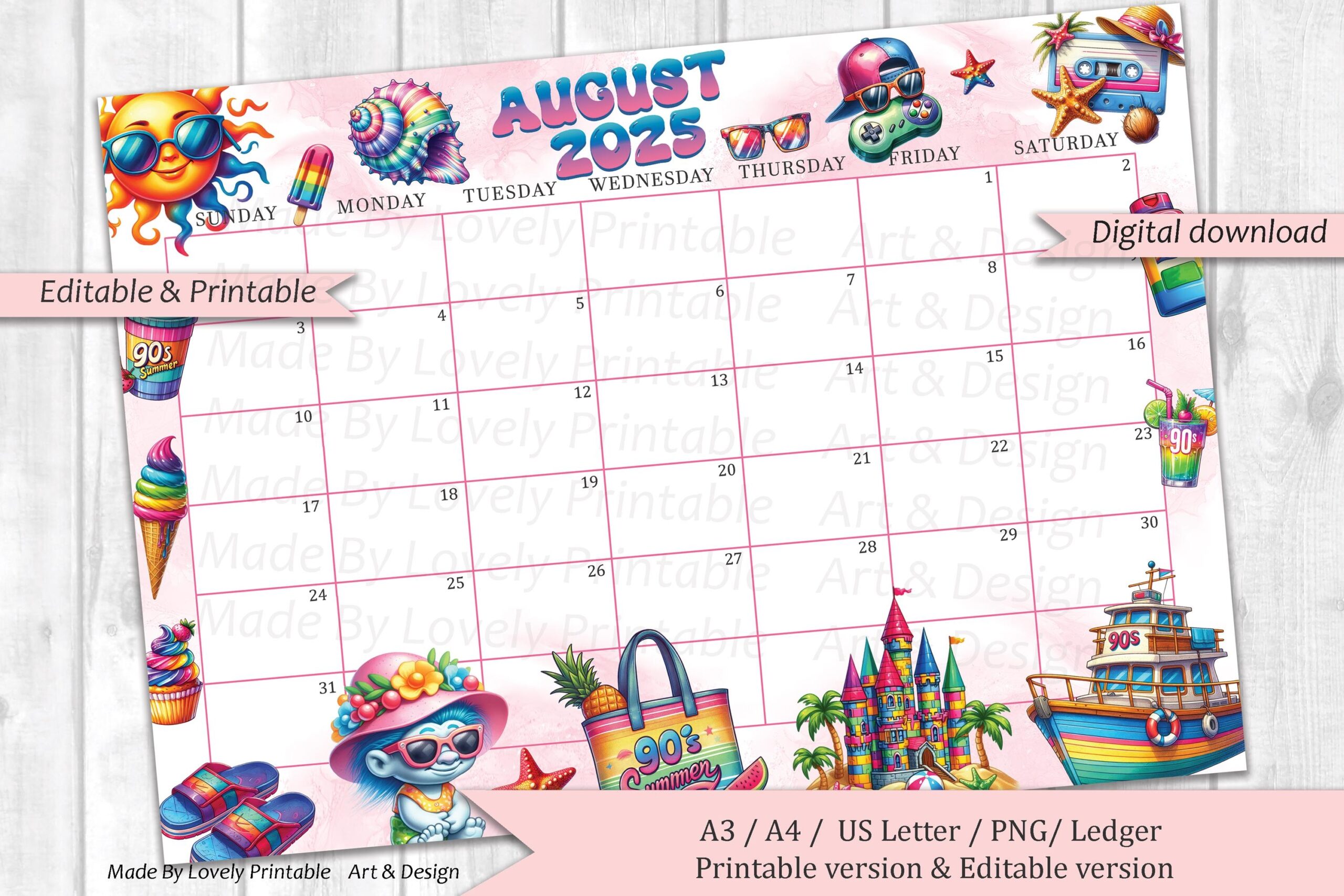 EDITABLE August 2025 Calendar 90s Summer Beach Joyful U0026 Colorful 