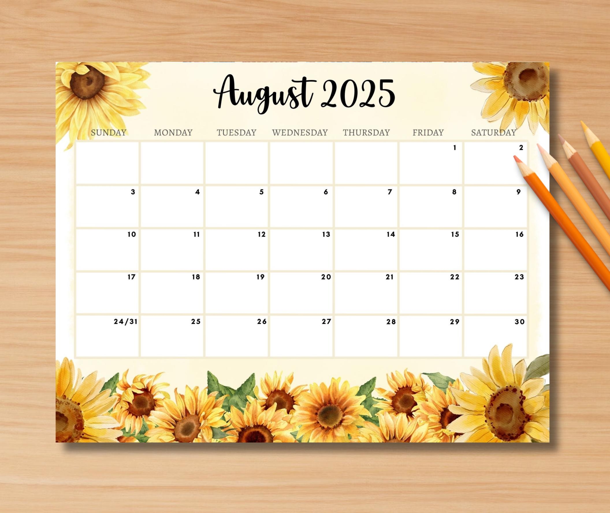 EDITABLE August 2025 Calendar Printable Monthly Calendar W Sunflowers Classroom Calendar August 2025 Calendar For Kids Home work School Etsy