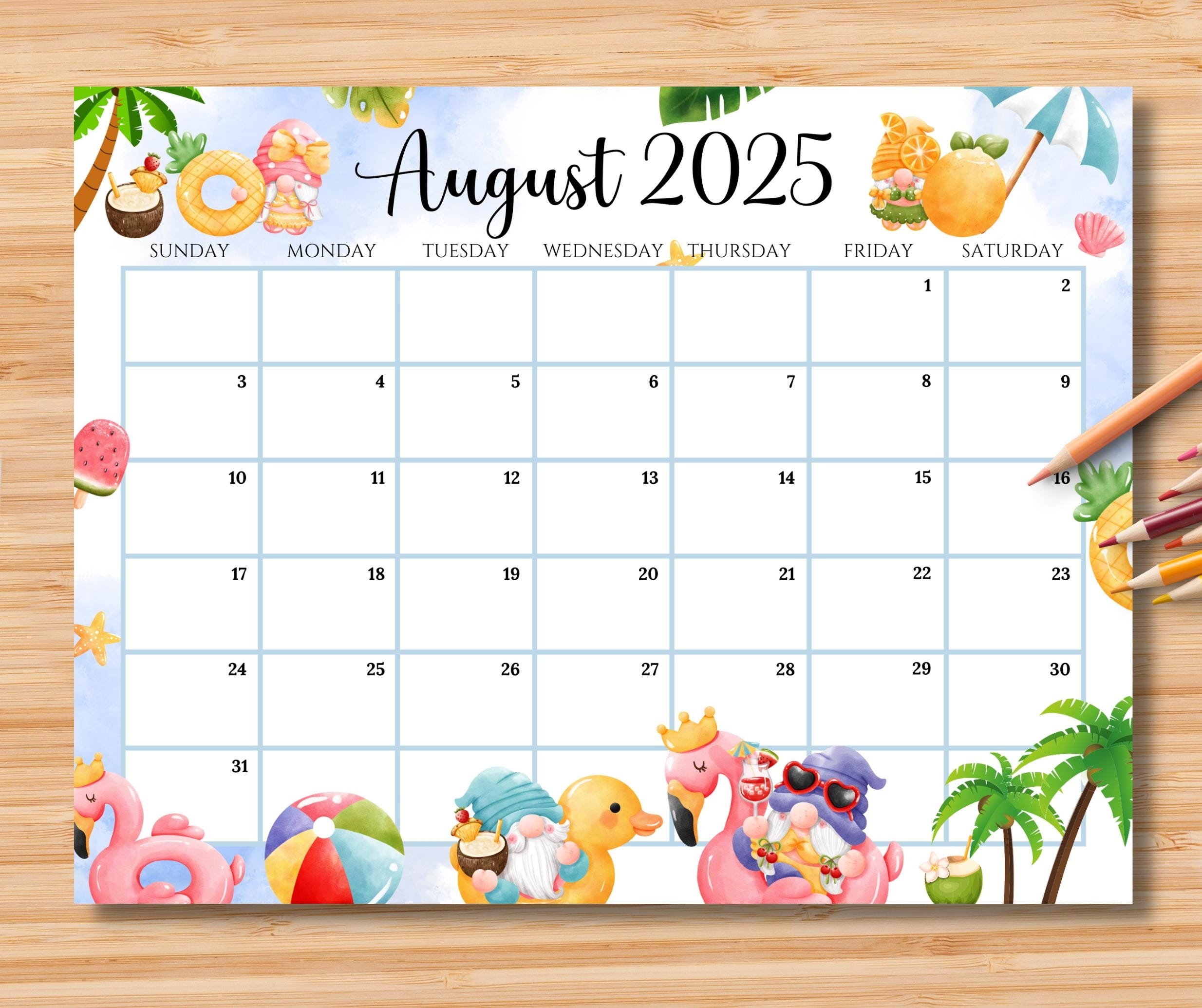EDITABLE August 2025 Calendar Relaxing Summer At The Beach With Cute Gnomes Printable Fillable Planner For Home U0026 Work Instant Download Etsy
