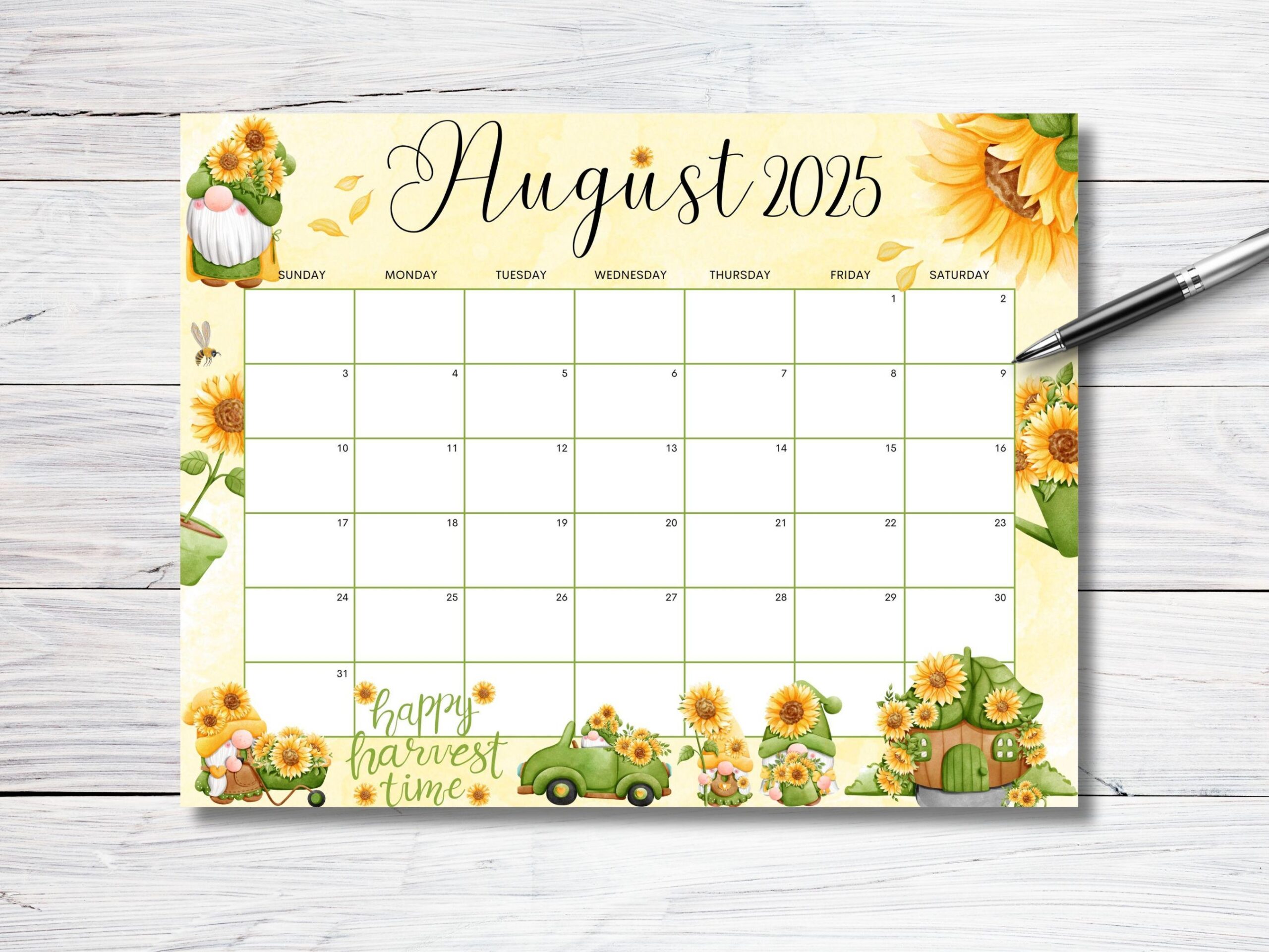 EDITABLE August 2025 Calendar Sunflower Gnome Garden Planner  EDITABLE August 2025 Calendar Sunflower Gnome Garden Planner