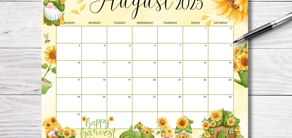 EDITABLE August 2025 Calendar Sunflower Gnome Garden Planner Monthly Kids School Schedule Printable Editable Calendar Instant Download Etsy