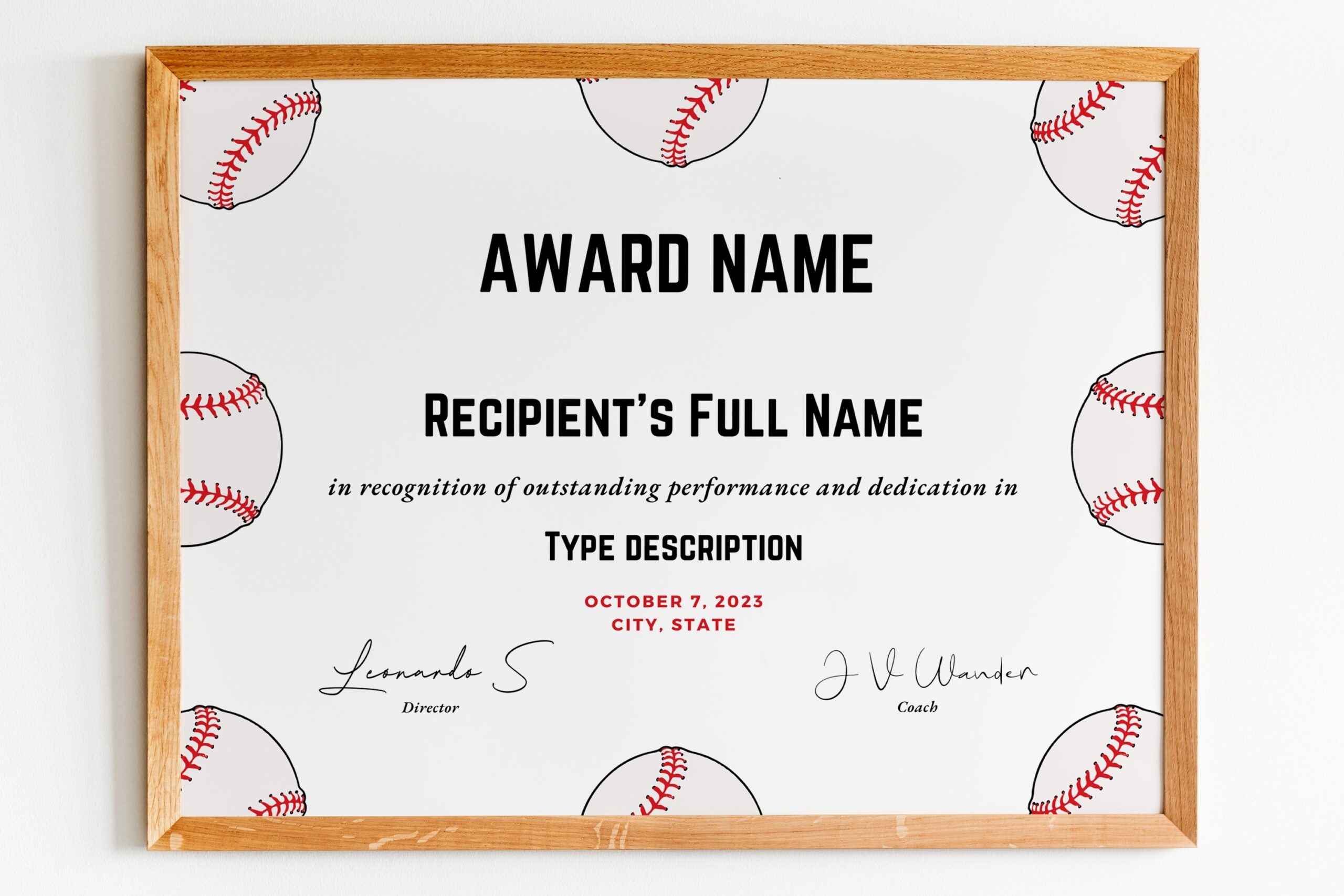 Editable Baseball Award Certificate Template Printable