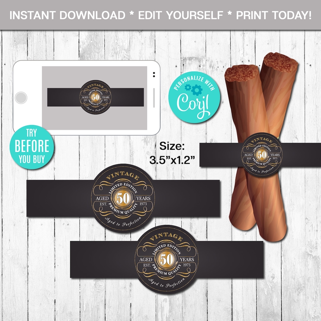 EDITABLE Cigar Labels 50th Birthday Cigar Band Aged To Perfection Any Age Gold Whiskey Label Instant Download CORJL Digital File Etsy