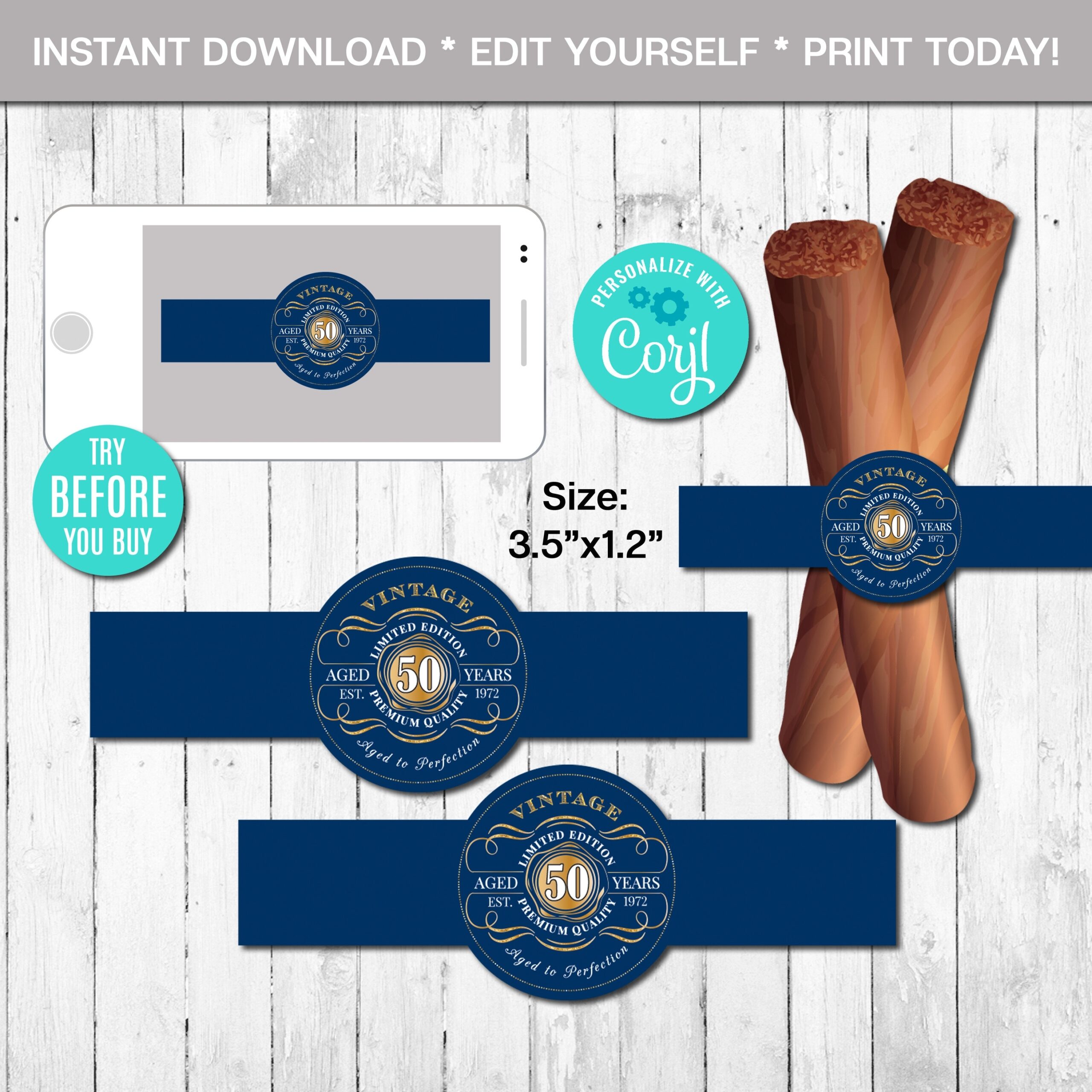 EDITABLE Cigar Labels 50th Birthday Cigar Band Aged To Perfection 