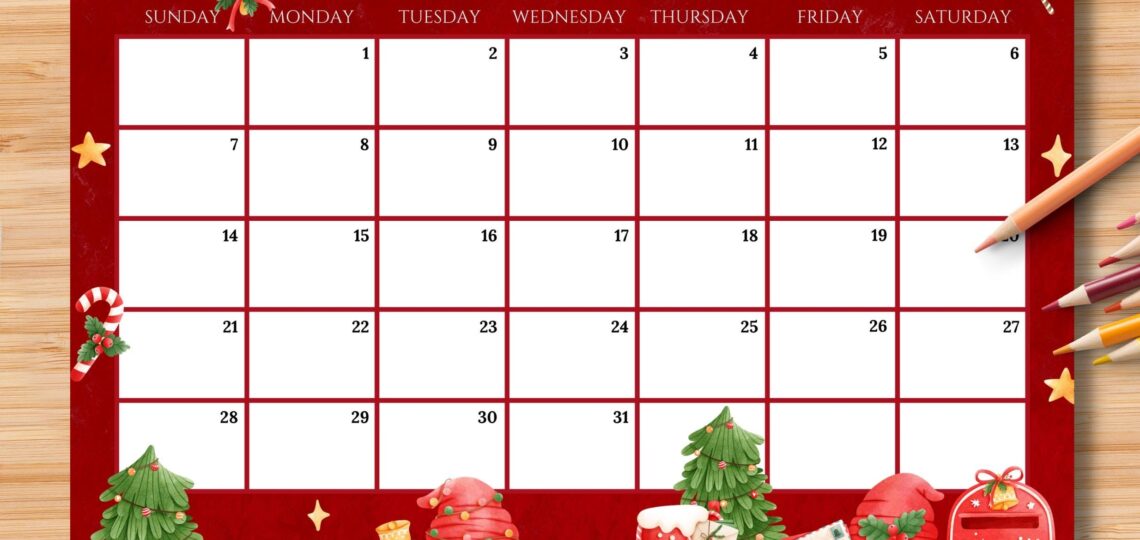 EDITABLE December 2025 Calendar Cheerful Christmas With Mail