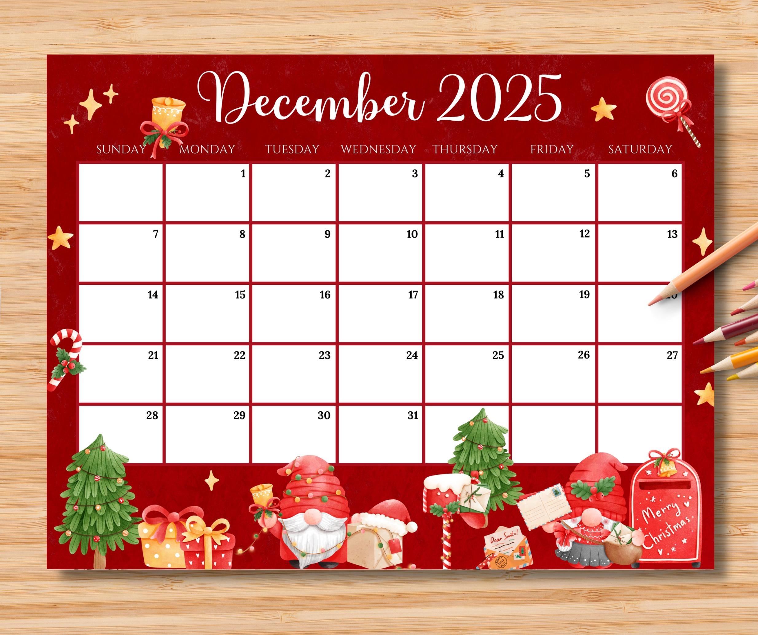 EDITABLE December 2025 Calendar Cheerful Christmas With Mail Gnomes Printable Monthly Calendar For Kids School Work Home Office Digital Etsy EDITABLE December 2025 Calendar Cheerful Christmas With Mail Gnomes Printable Monthly Calendar For Kids School Work Home Office Digital Etsy