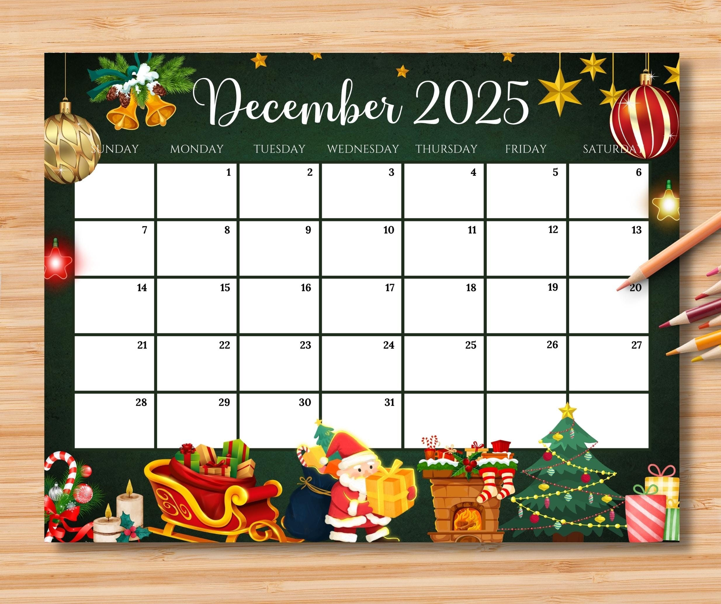 EDITABLE December 2025 Calendar Gorgeous Christmas W Santa Claus EDITABLE December 2025 Calendar Gorgeous Christmas W Santa Claus