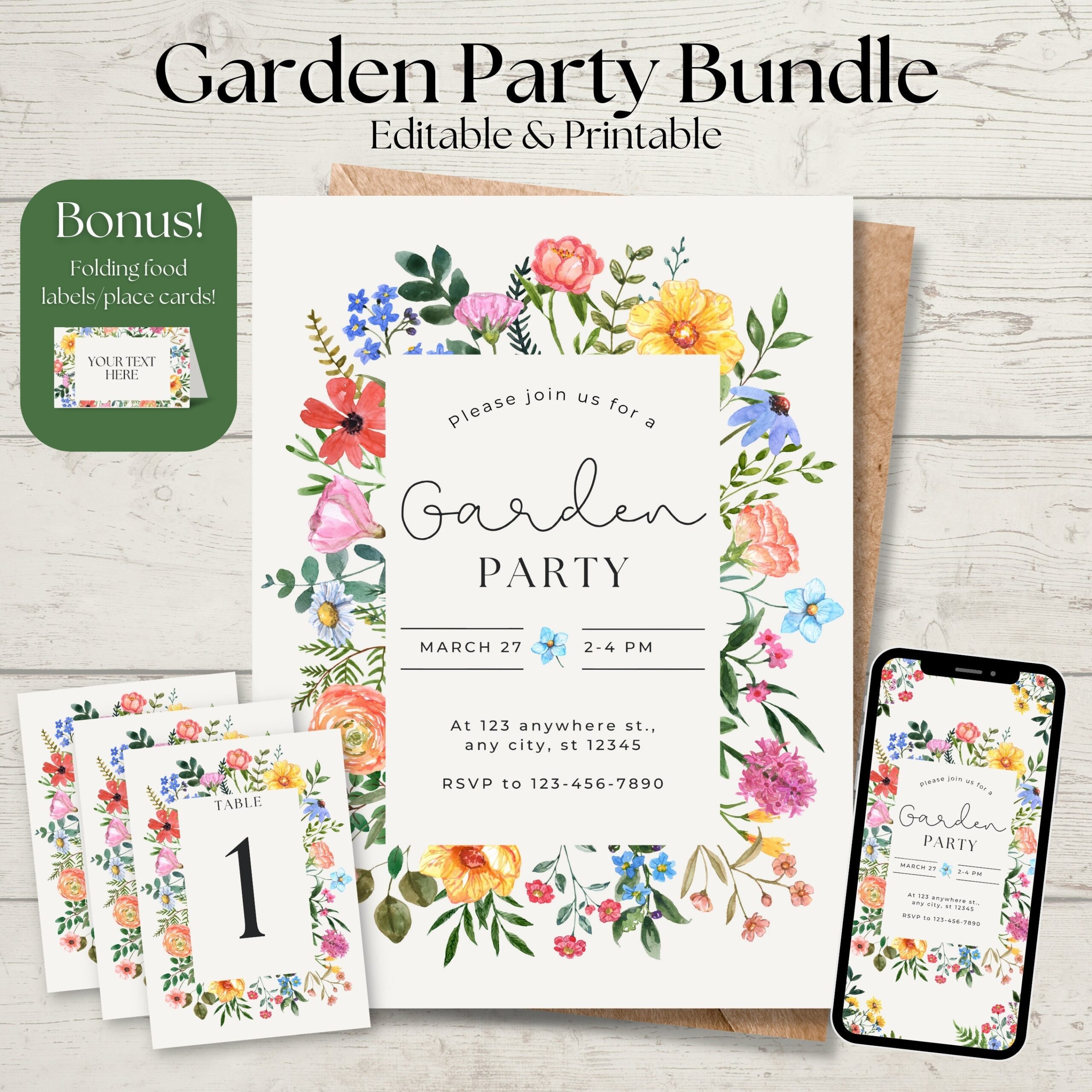 EDITABLE Garden Party Invitation Bundle Includes Invitation Digital Invitation Table Numbers U0026 BONUS Place Cards Or Food Labels Etsy