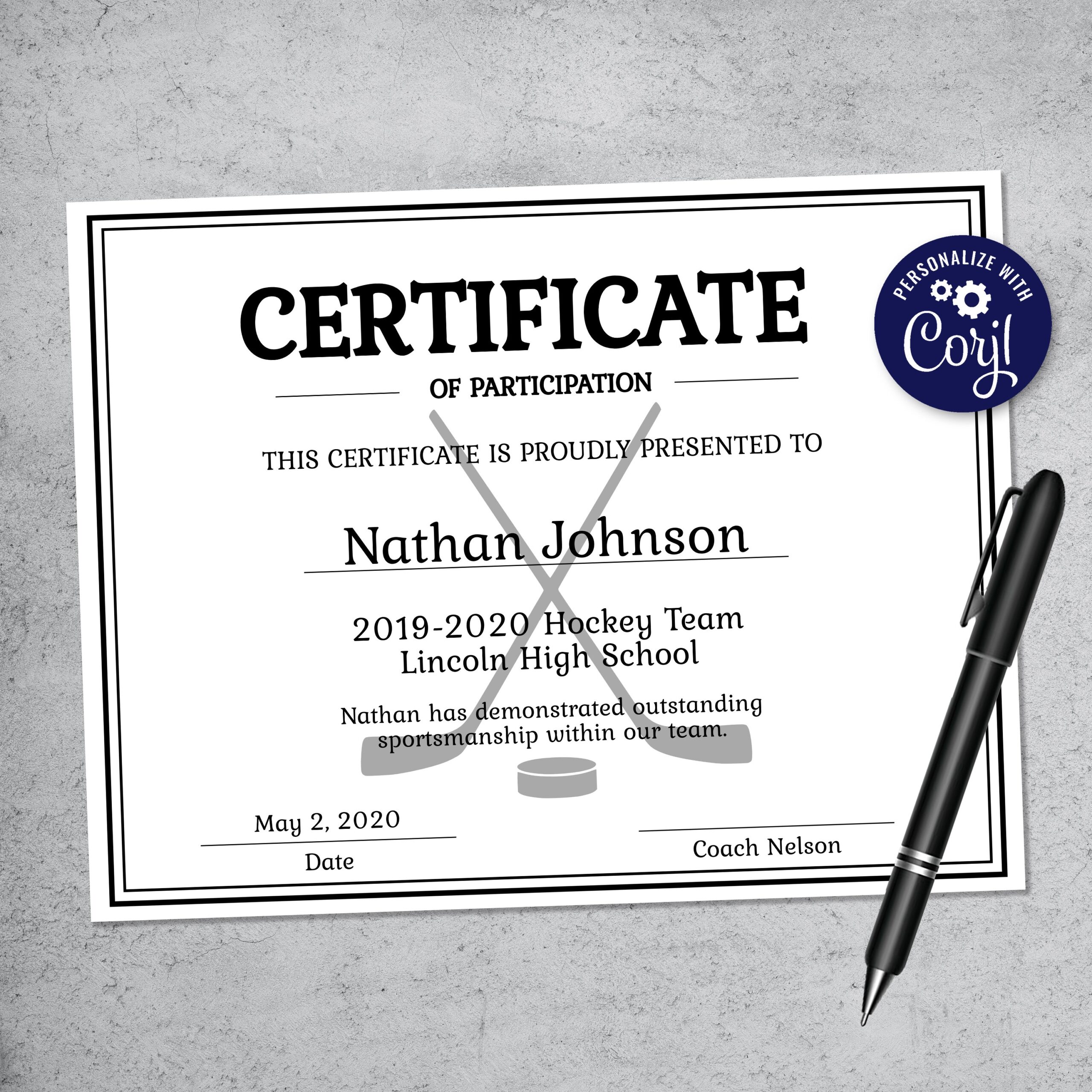 Editable Hockey Sports Team Certificate Template Printable 