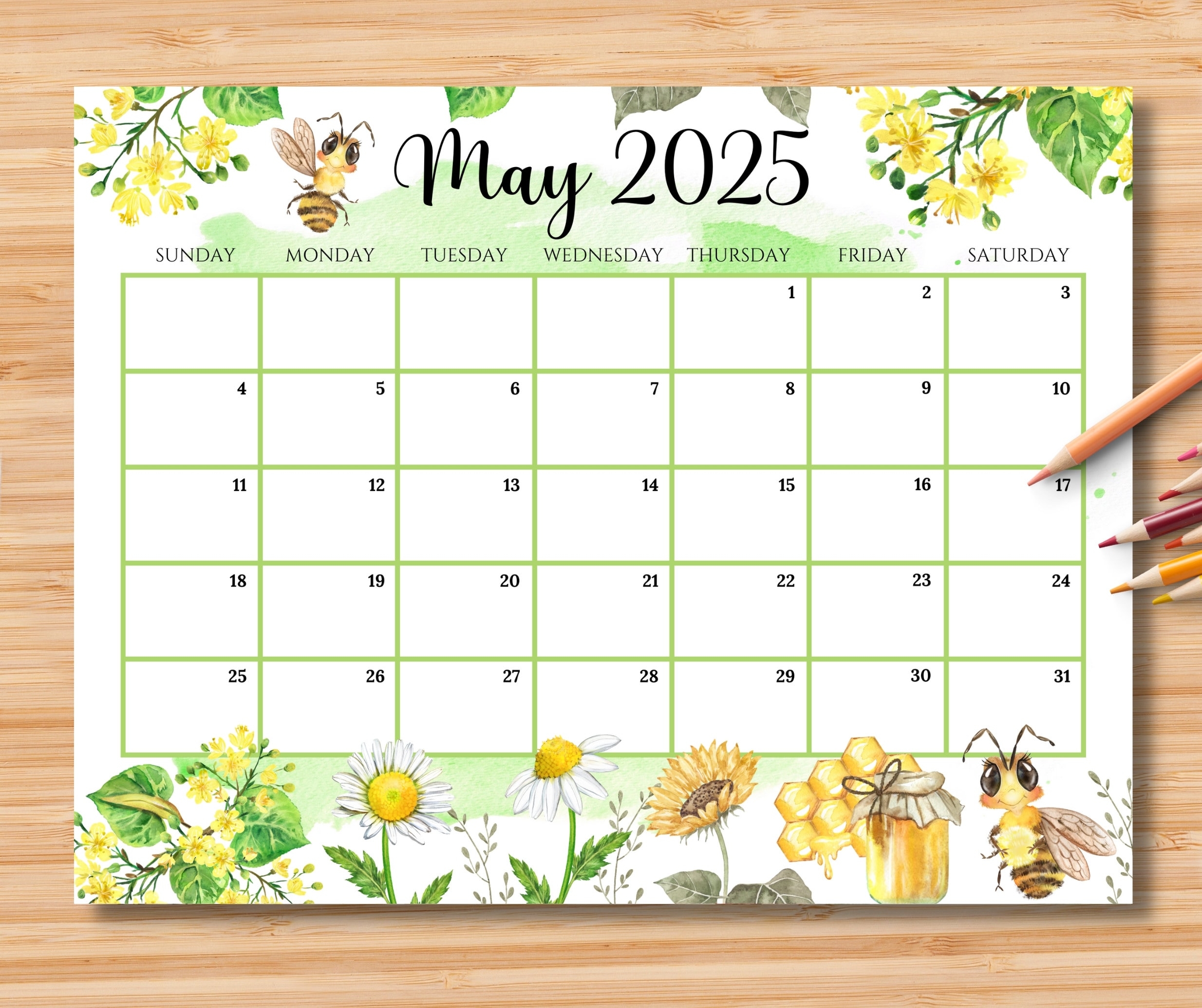 EDITABLE May 2025 Calendar Hello Spring With Cute Honey Bees EDITABLE May 2025 Calendar Hello Spring With Cute Honey Bees