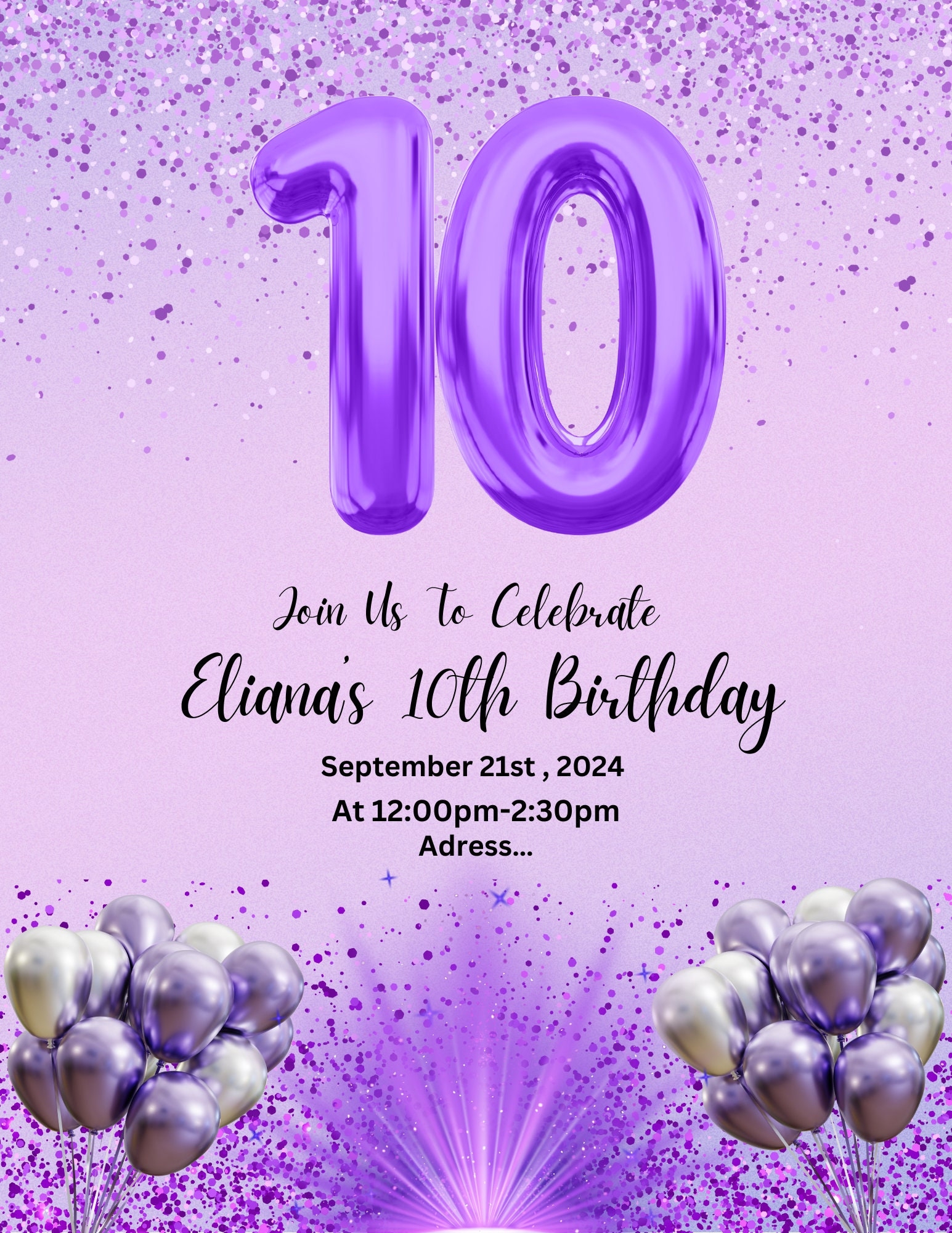 Editable Purple 10th Birthday Invitation Template Birthday Invite Editable Purple 10th Birthday Invitation Template Birthday Invite