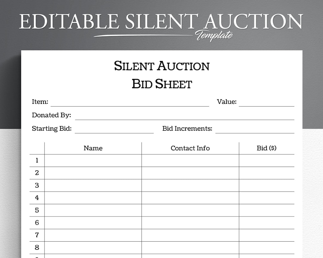 Editable Silent Auction Template Printable PDF Word Google Docs Silent Auction Sheet Etsy
