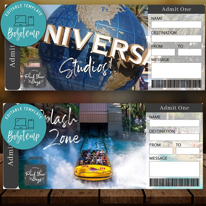 Editable UNIVERSAL STUDIOS Surprise Trip Tickets Instant Download