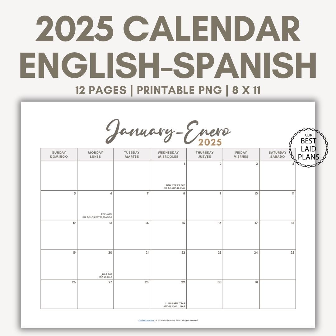 English Spanish Calendar For 2025 Printable PDF With Holidays Landscape Digital Download English Spanish 2025 Calendar Bilingual Calendar Etsy