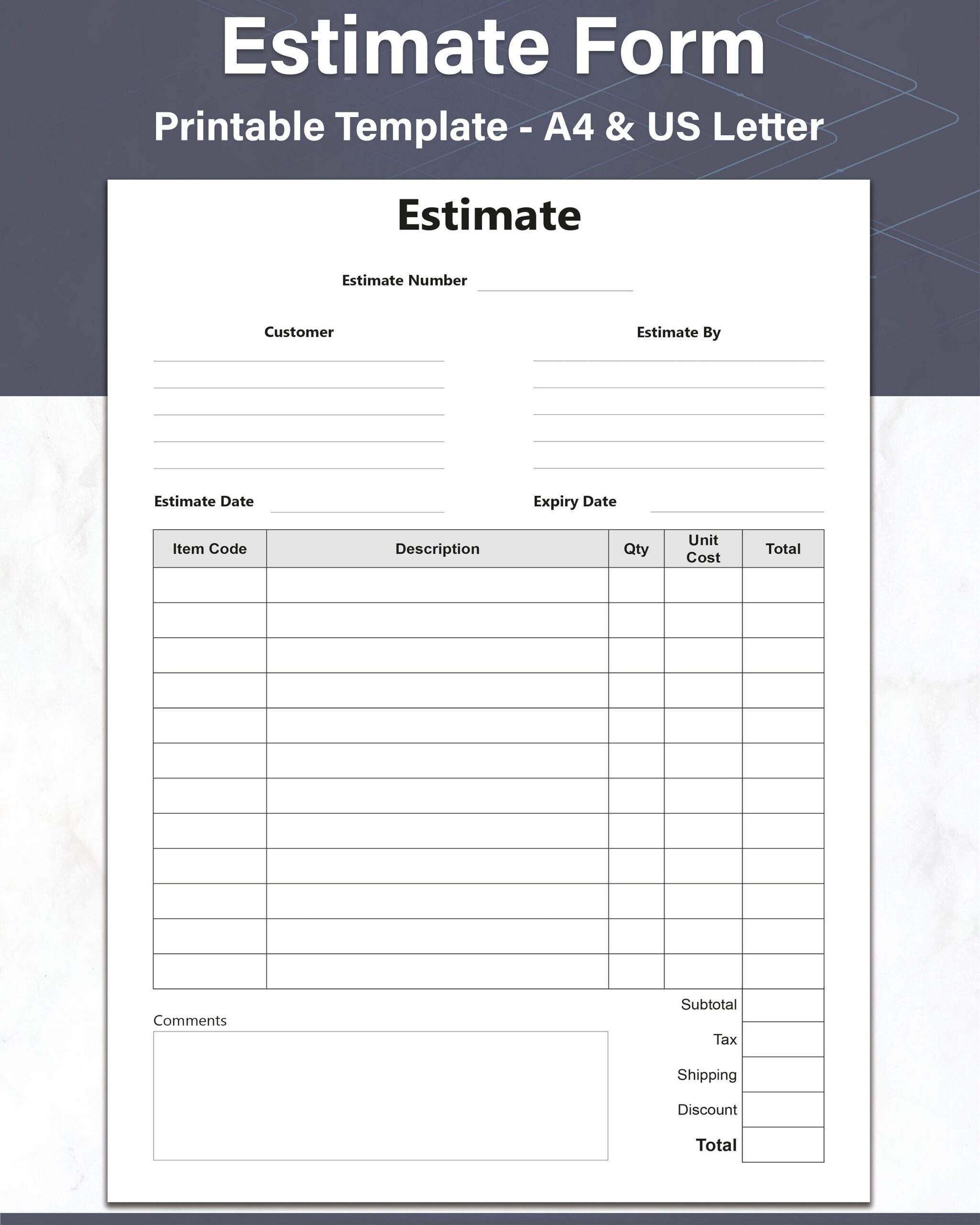 Estimate And Quote Template Simple Estimate Form Printable Quote  Estimate And Quote Template Simple Estimate Form Printable Quote