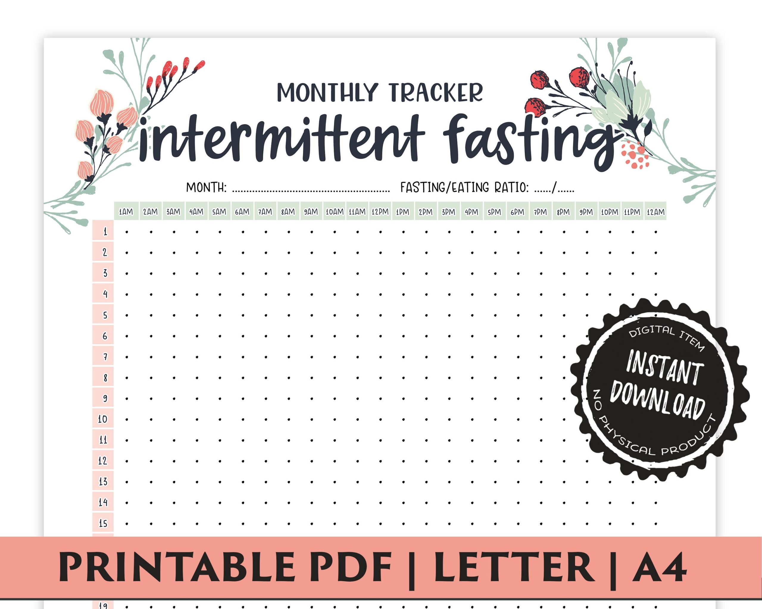 Fasting Printable Monthly Fasting Tracker Intermittent Fasting 