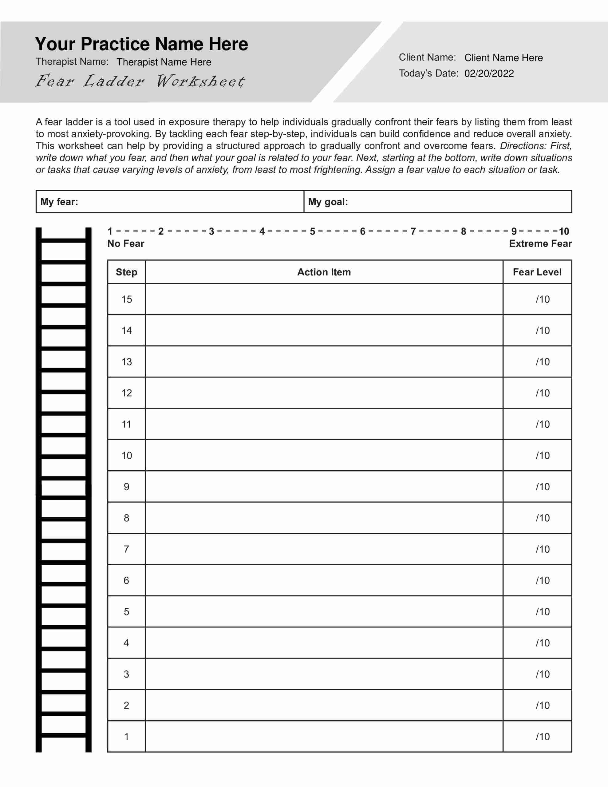 Fear Ladder Worksheet Editable Fillable Printable PDF Fear Ladder Worksheet Editable Fillable Printable PDF