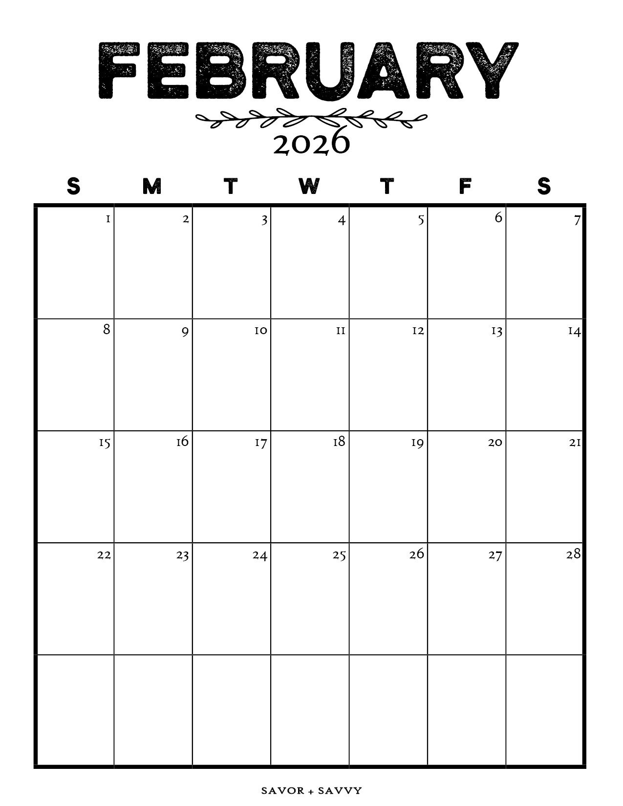 February 2026 Calendar Templates 14 Free Printables Savor Savvy February 2026 Calendar Templates 14 Free Printables Savor Savvy
