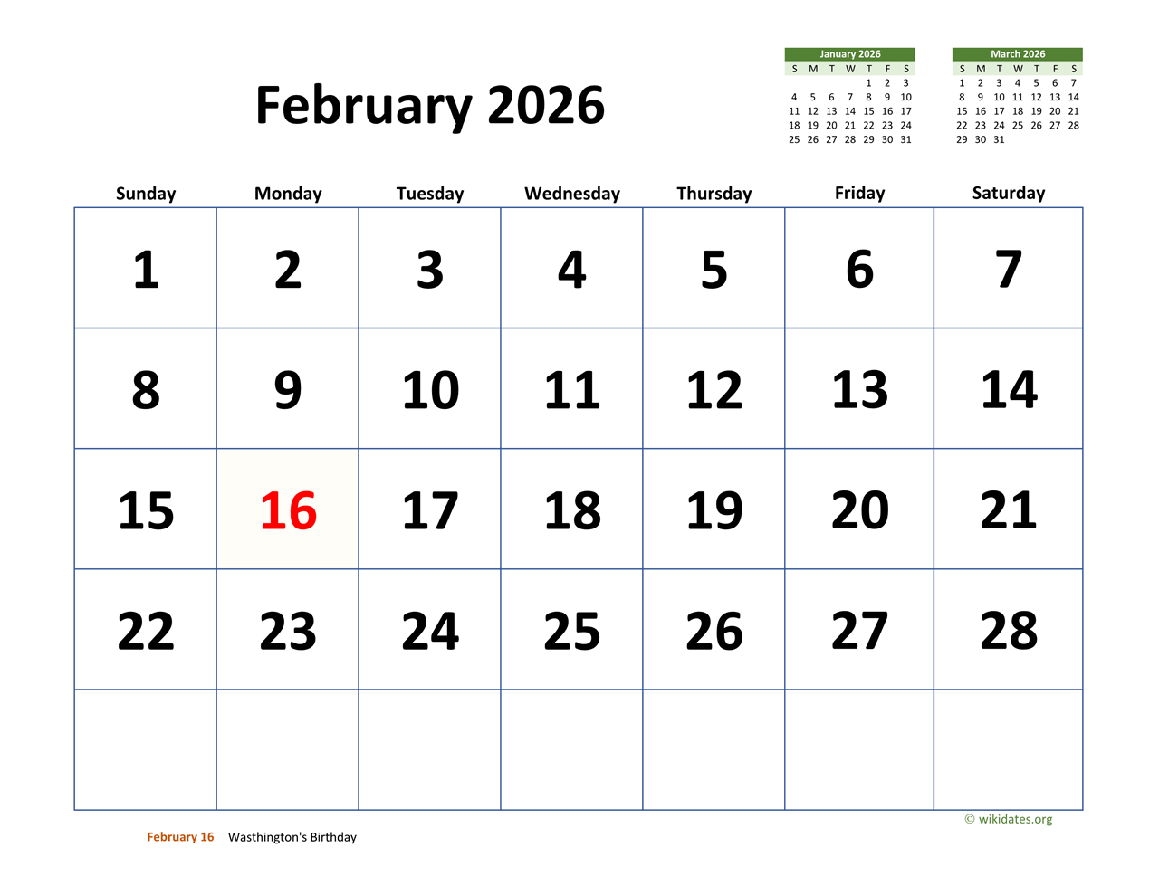 February 2026 Calendar With Extra large Dates WikiDates February 2026 Calendar With Extra large Dates WikiDates