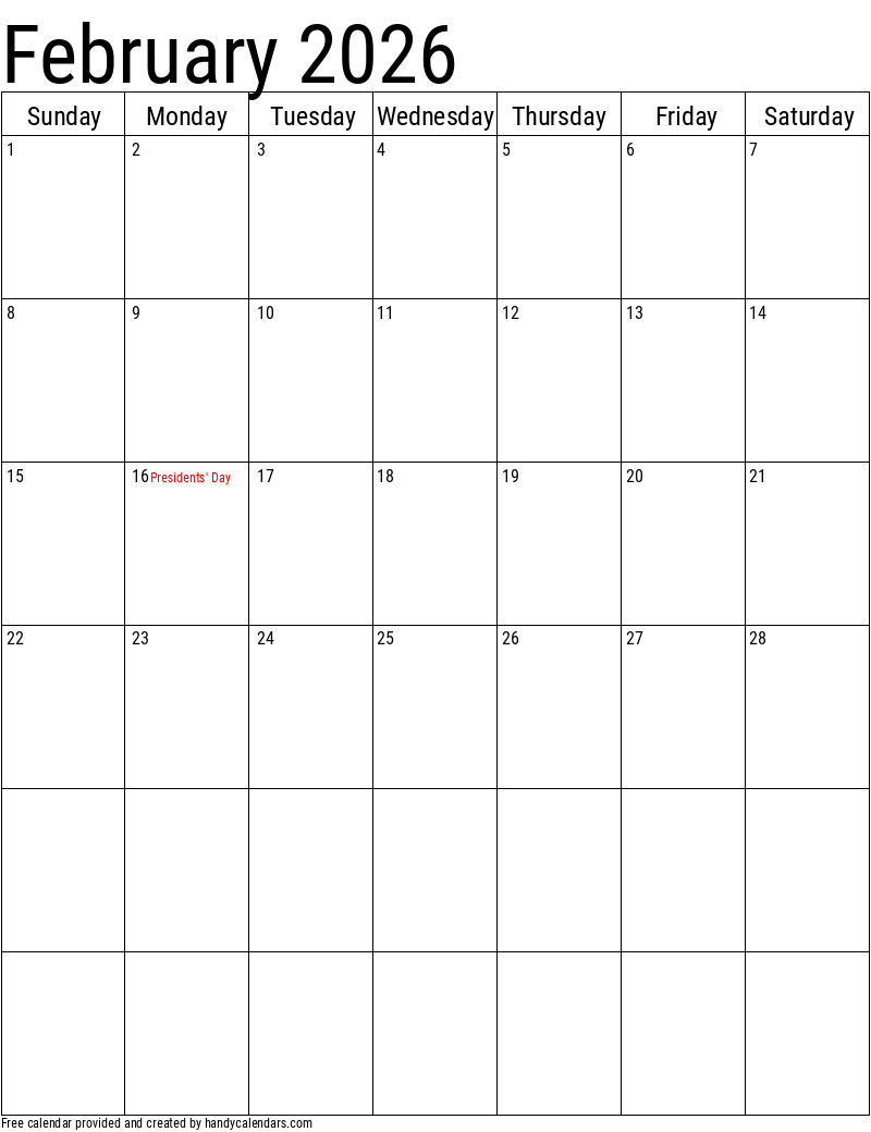 February 2026 Vertical Calendar With Holidays Handy Calendars February 2026 Vertical Calendar With Holidays Handy Calendars